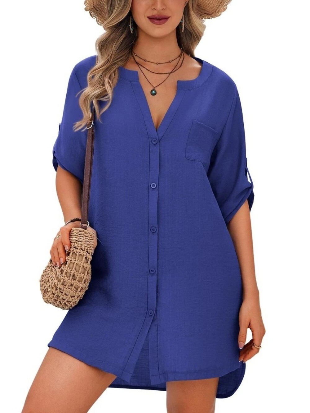NWT Ekouaer Plus Sixe XXL Women's Blue Button-Front Swim Cover-Up Tunic Dress